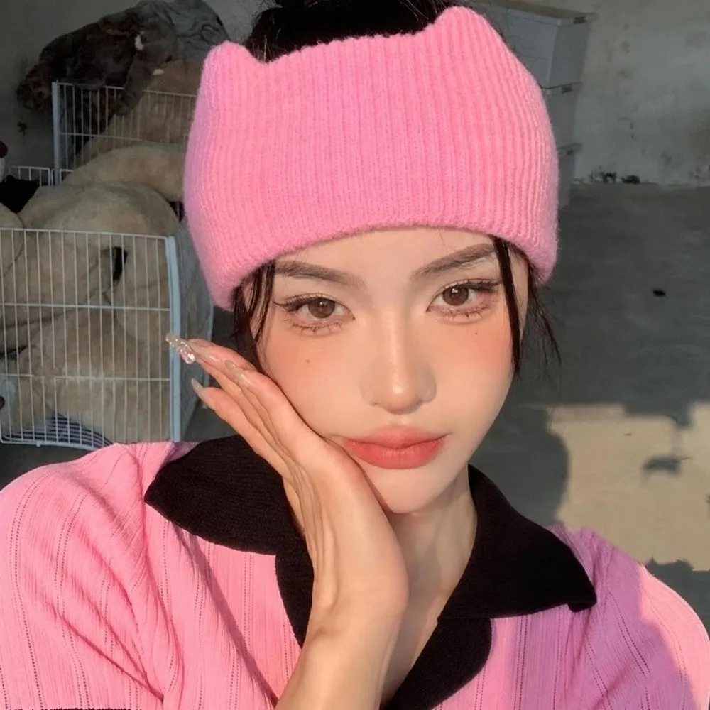 Cute Wide-brimmed Cat Ears Headband Face Wash Solid Color Knitted Headband Ear Protection Head Wrap Female