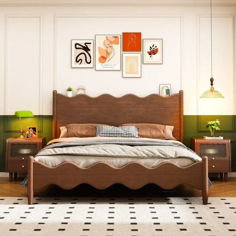 Nordic medieval style full solid wood modern simple wave bed 1.5 meters 1.8 meters retro double bed master bedroom we