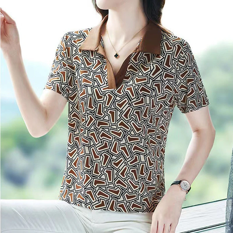 Women Clothing 2024 Summer Korean Fashion Print Patchwork Elegant Polo Collar T-shirt Female Casual Short Sleeve Slim Fit Tops