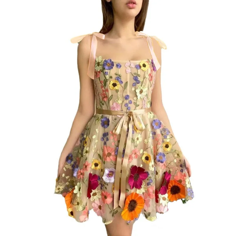 2025 verão sexy fora do ombro vestido sem alças floral bordado bodycon faixa arco vestido princesa fairycore noite mini vestido