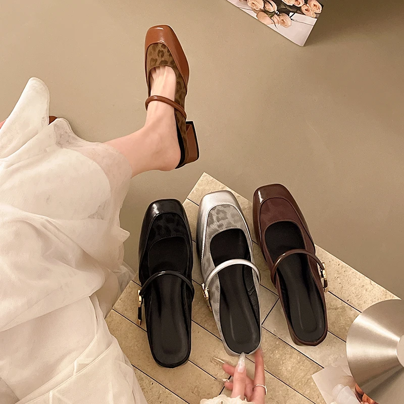 

Vintage Square Toe Mary Jane Mules Women Leopard Print One Strap Low Heel Slip On Slippers Retro French Style Outdoor Sandals
