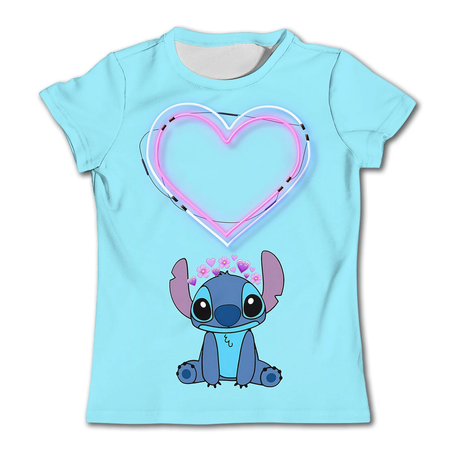 Camiseta stitch disney infantil, manga curta, tops de secagem rápida, roupas de desenhos animados casuais, menina e miúdos fofos, verão