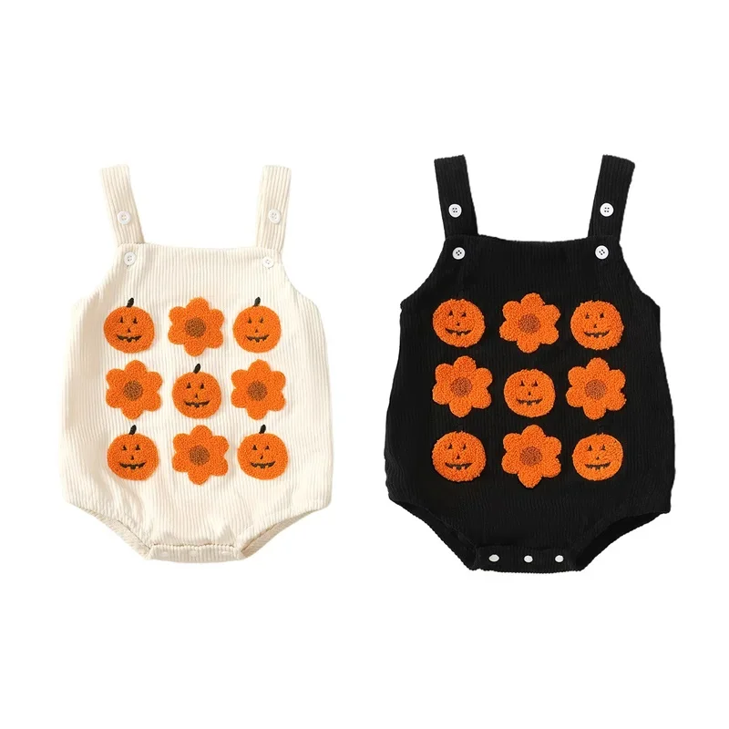 Baby Boy Girl Halloween Overalls Pumpkin Flower Embroidery Square Neck Sleeveless Corduroy Romper for Fall Winter