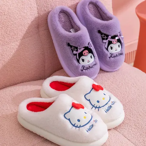New Kuromi Family Slippers for Autumn and Winter Sanrio Hello Kittye My Melody Cinnamoroll Home Cotton Slippers Festival Gift