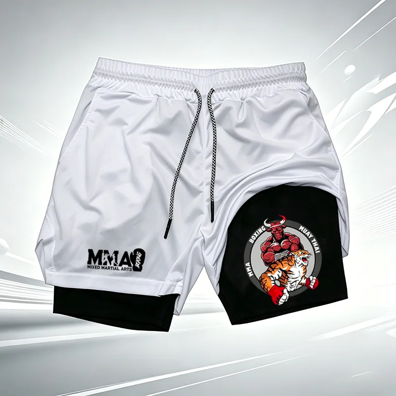 Men's UFC GYM 2-in-1 Compression Shorts Quick Dry Breathable Running Gym Training Shorts with Built-in Liner and MMA LOGO WX256