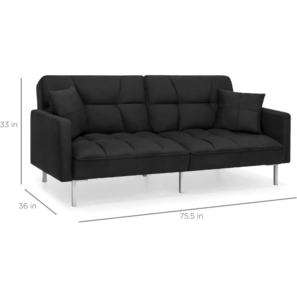 Convertible linen tufted split plush sofa furniture with 2 pillows, wooden frame, metal legs - Black  GM