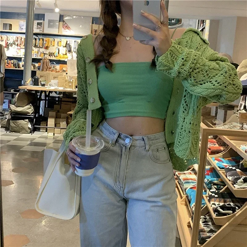 Hollow out Knitted Cardigan 2 Piece Set Women Spring Autumn 2021 Cropped Camisole Short Tops Green Long Sleeve Camis Ribbed Suit