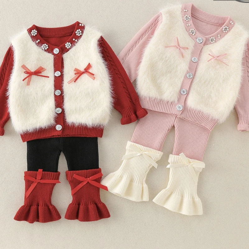 Girls' Knitted Set 2026 Autumn/Winter New Soft Cute Bow Hairy Splicing Cute Cardigan Women's Treasure Two Piece Set