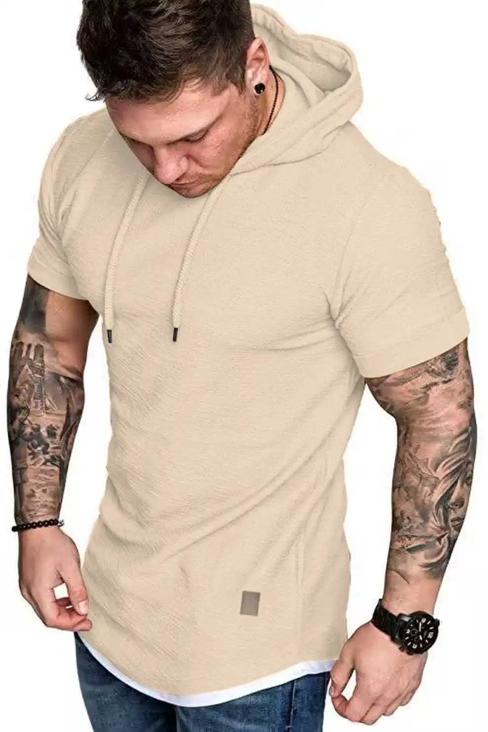 New summer hooded T-shirt men\'s solid color men\'s short sleeve T-shirt hoodie