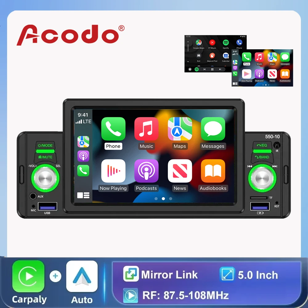 

Acodo 5-дюймовый автомобильный радиоприемник 1Din CarPlay Android Auto мультимедийный плеер Bluetooth MirrorLink FM-приемник для Volkswagen Nissan Toyota