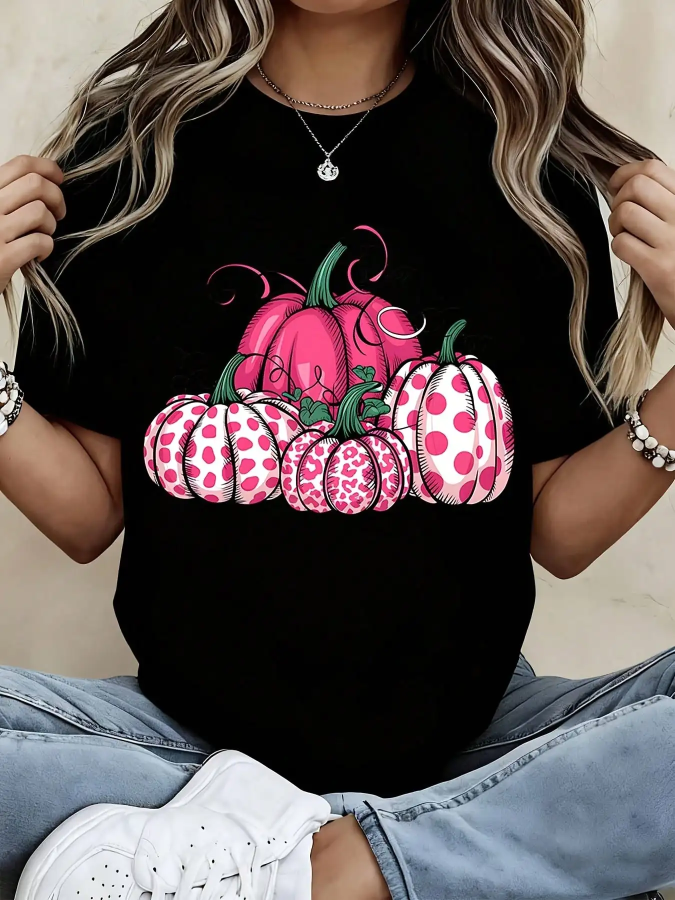 Women Casual Halloween T Shirt Black Pink Polka Dot Pumpkin Print Top For Party Daily Wear Fall Autumn Outfit-Do Not Machine Wash The Printed Area.