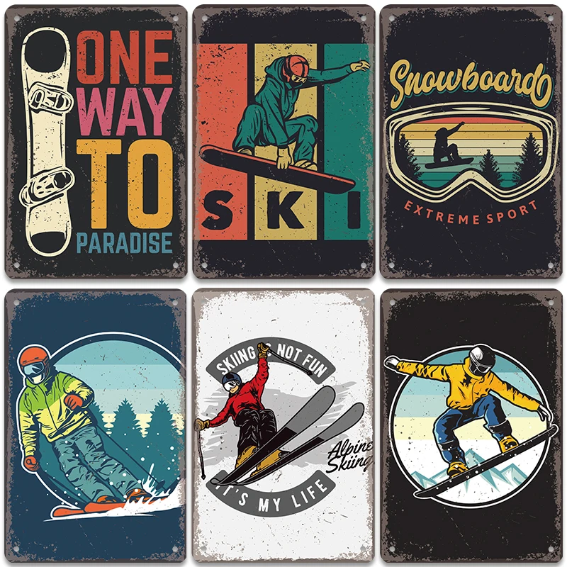 Alpine Skiing Posters Metal Signs Plate Retro Mountain Extreme Sports Snowboards Metal Tin Sign for Ski Club Bar Pub Wall Decor