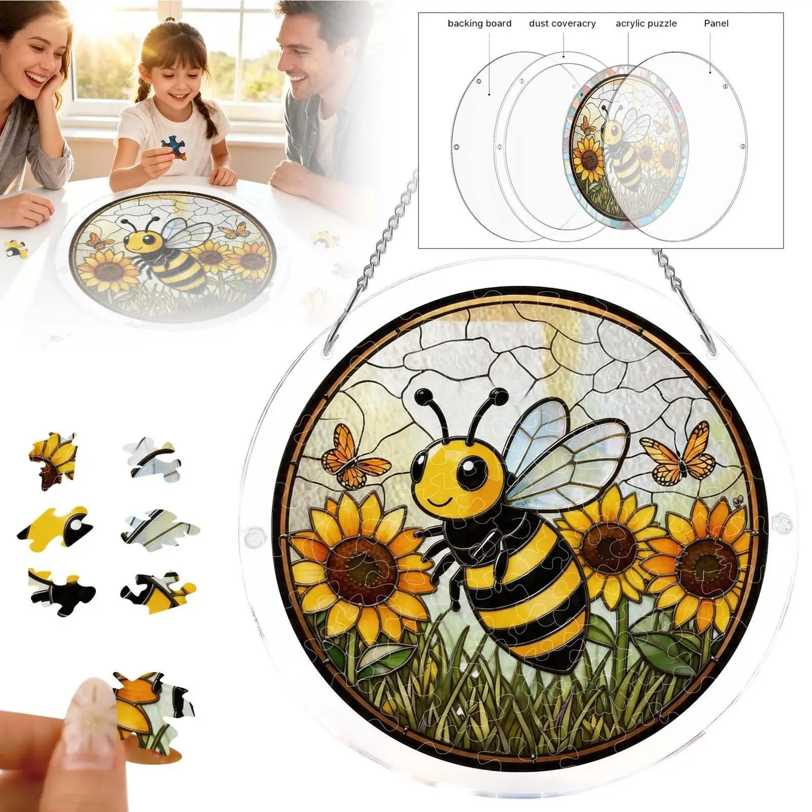 Acrylic Puzzles Suncatcher 19cm Bee Pattern Rainbow Maker With Metal Chain Round Signs For Front Door For Home Wall Garden Tree