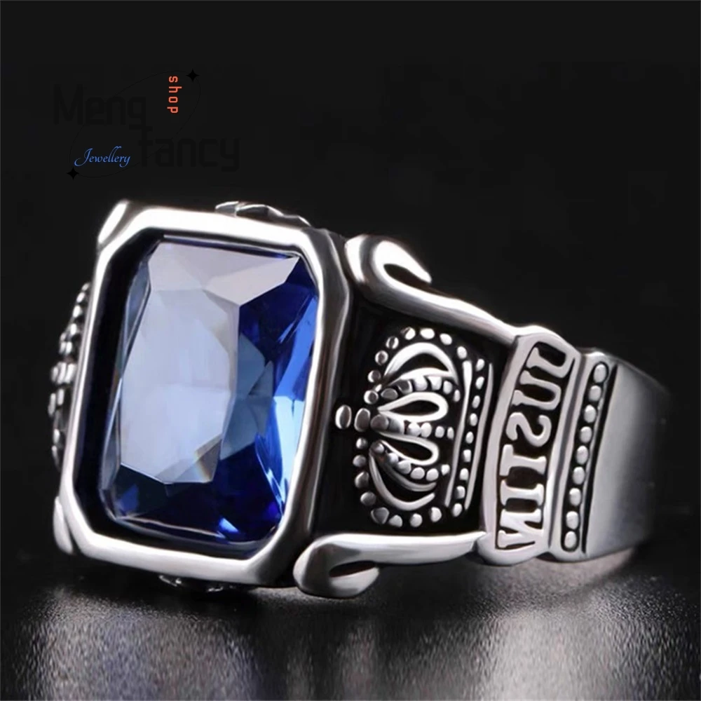 

A New Retro Square Blue Zircon Crown Ring In Silver, With A Unique, Cool And Stylish Style And A Powerful Open Ring Exquisite