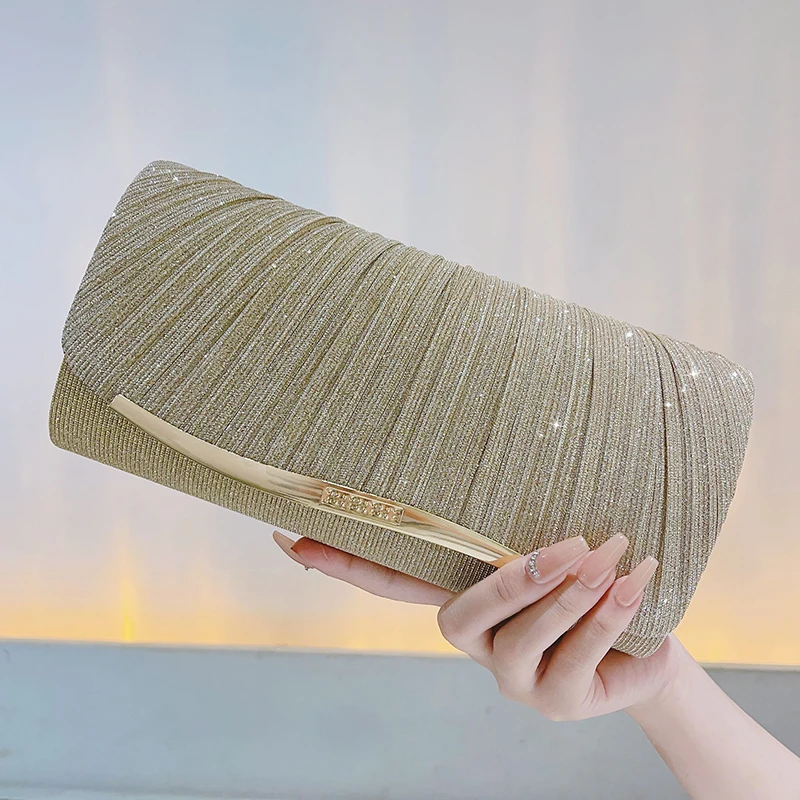 

Glitter Pleated Evening Bag, Bling Sparkle Dinner Clutch Purse, Classic Banquet Handbag For Wedding Party Prom