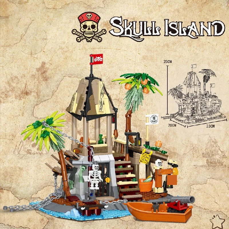 MOC-casa pirata creativa, bloques de construcción, calavera, centavos negros, torre de reloj, modelo de ladrillos, juguetes con figuras, rompecabezas DIY, regalo