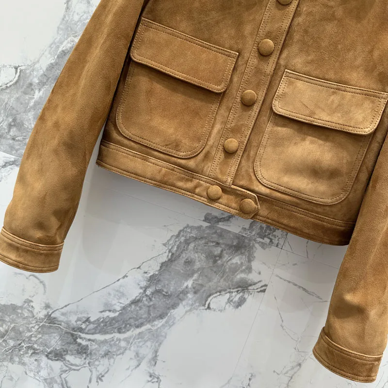 cappotto da donna primavera e autunno Giacca lussuosa lunghezza corta Pelle scamosciata Manica lunga con fibbia a fila singola