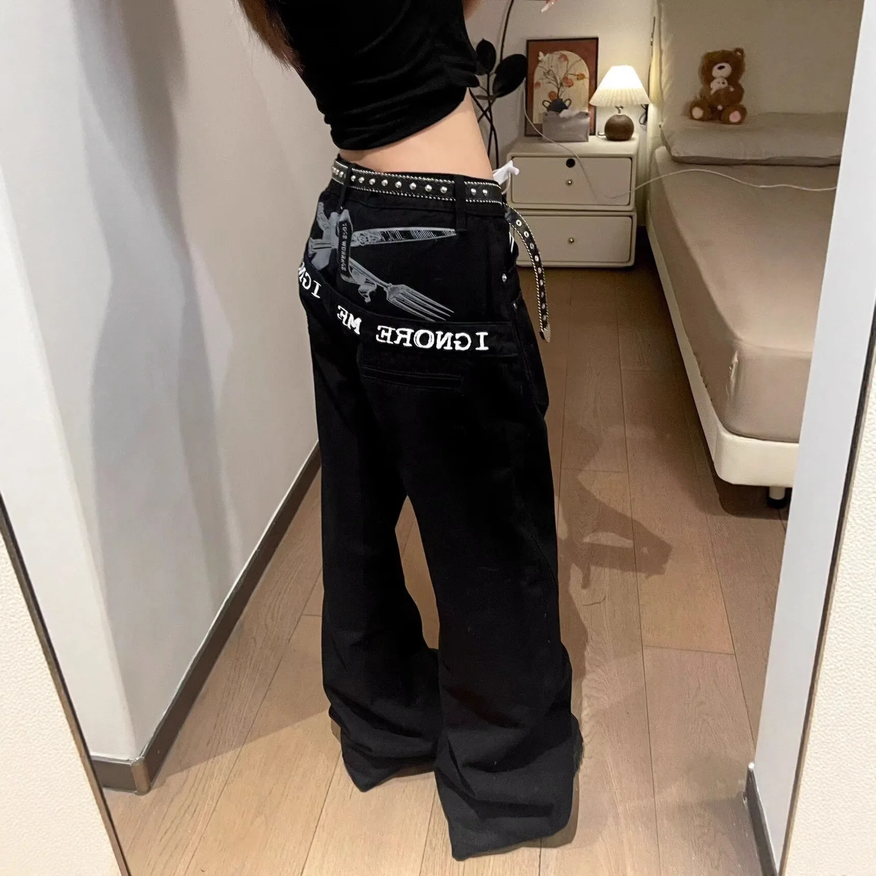 

2026 American Style Plus Size Letter Print Spliced Jeans Trendy Curved Long Pants For Women