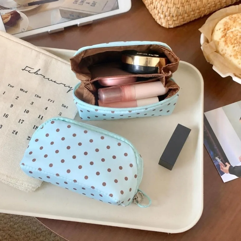Korean Mint Green Small Makeup Bag Polka Dot Print Portable Mini Cosmetic Pouch Small Organizer Daily Use