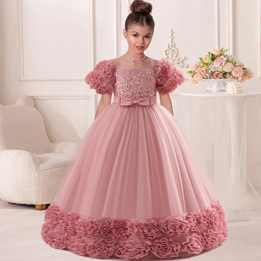 

Teenager Long Evening Dress For Girls Sequin Princess Dresses Party Gown Girl Dress Elegant Floral Wedding Costume 5-14 Years