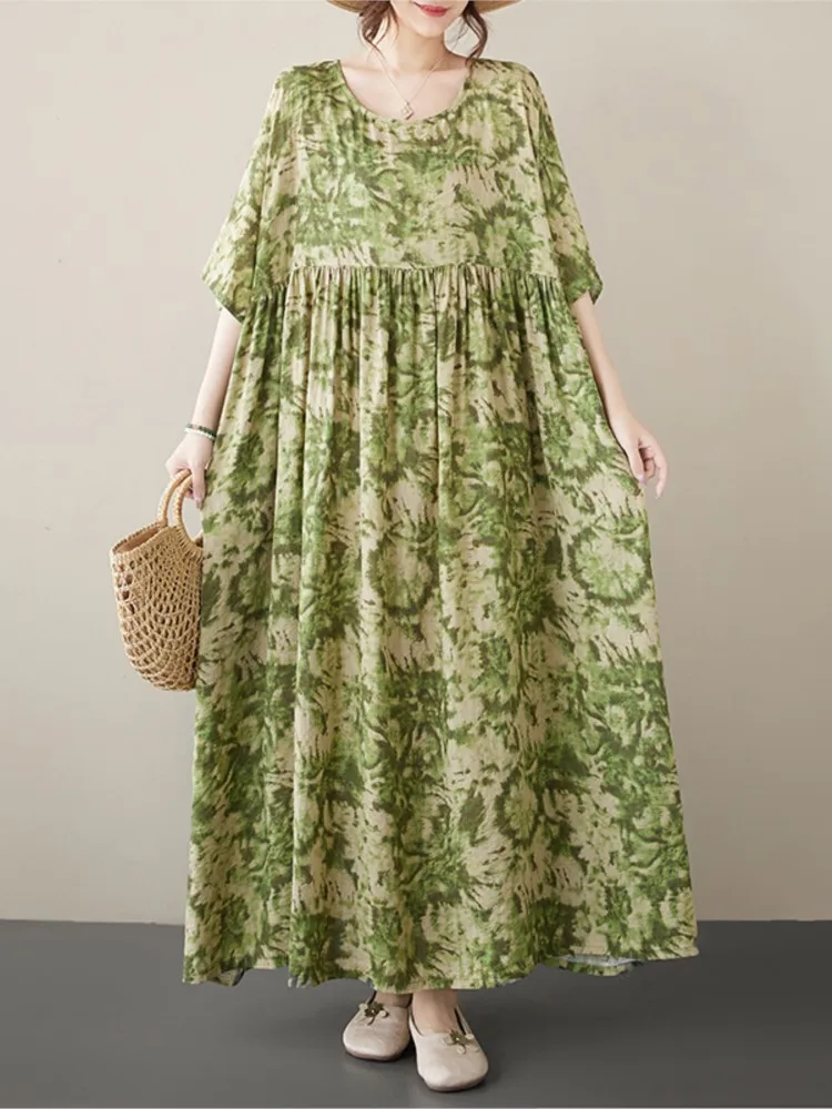 Robe longue plissée à imprimé floral pour femmes, robes à volants pour femmes, manches courtes, décontracté, été, mode