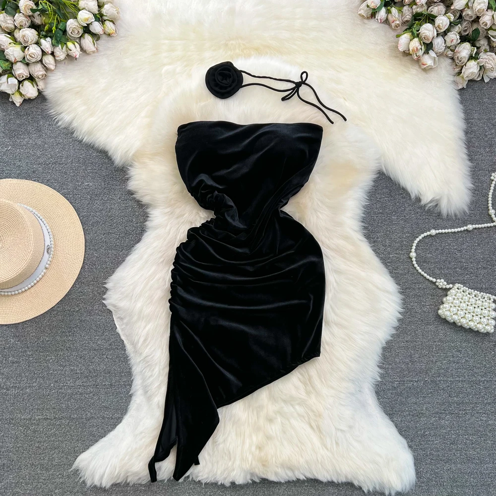 Summer Fashion Elegant Strapless Velvet Dress Women Wrap Waist Show Slim Tube Bra Dresses Lady Velvet Wrap Hip Club Party Dress