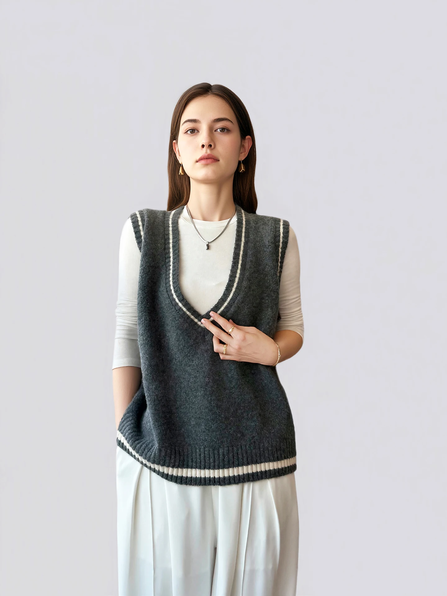 

Женский вязаный жилет ANGJIA в винтажном стиле с цветными блоками, V-образный вырез, свободный крой, мягкая ткань, повседневная одежда