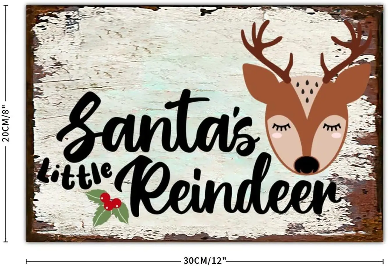 Santa Little Reindeer Metal Signs Merry Chritsmas Vintage Style Metal Tin Sign 12 x 8 Inch Iron Painting Home Decor for Kitchen