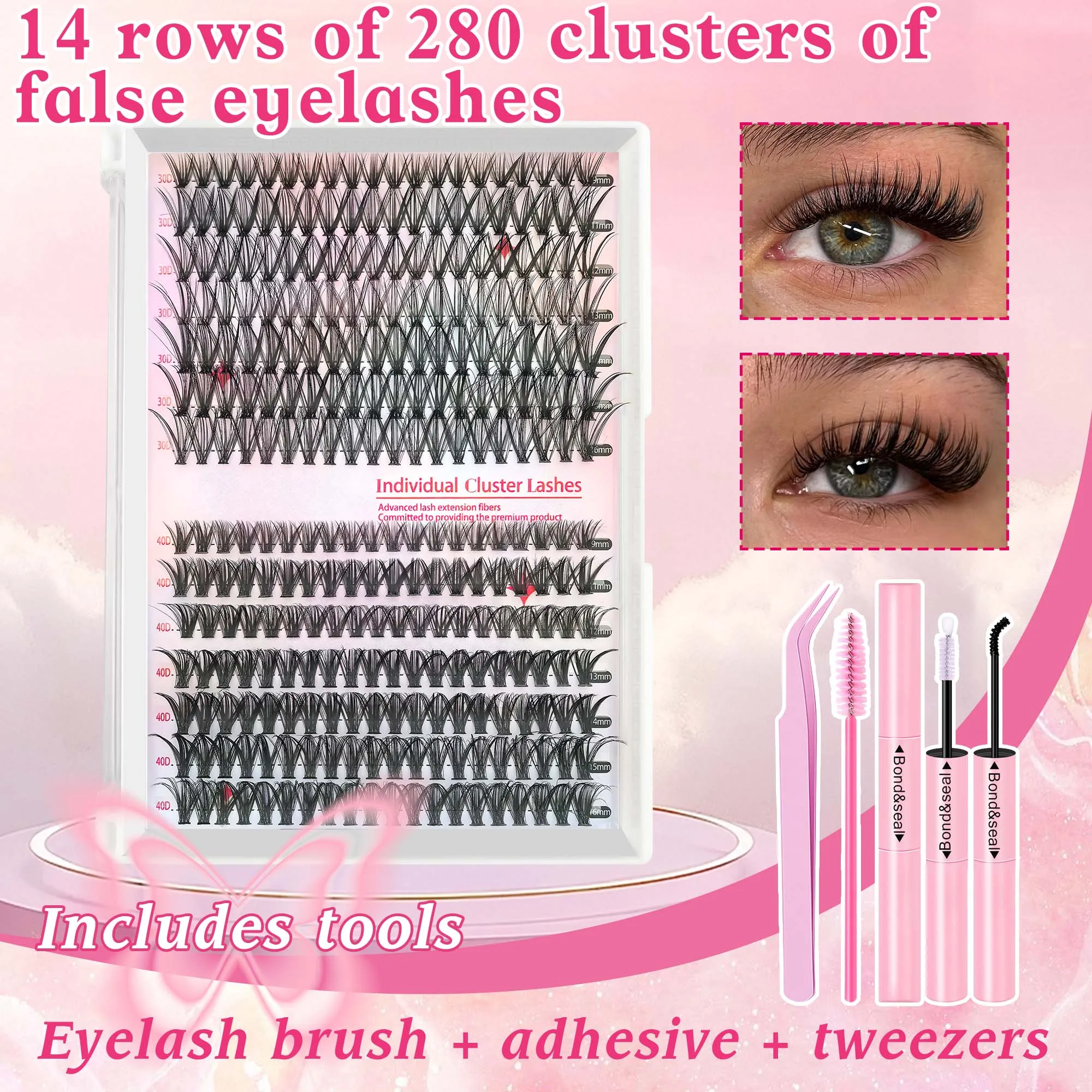 280PCS-D カールつけまつげストリップ、接着剤、ブラシ、ピンセット付き、音楽祭、クリスマス、そしてあらゆる楽しいお祝いにDIY