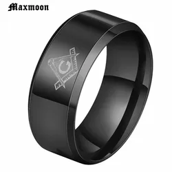 Maxmoon Hot 8mm Brushed Gold-Color Masonic Stainless Steel Titanium Band Men Ring Cool Black Freemason Male Rings