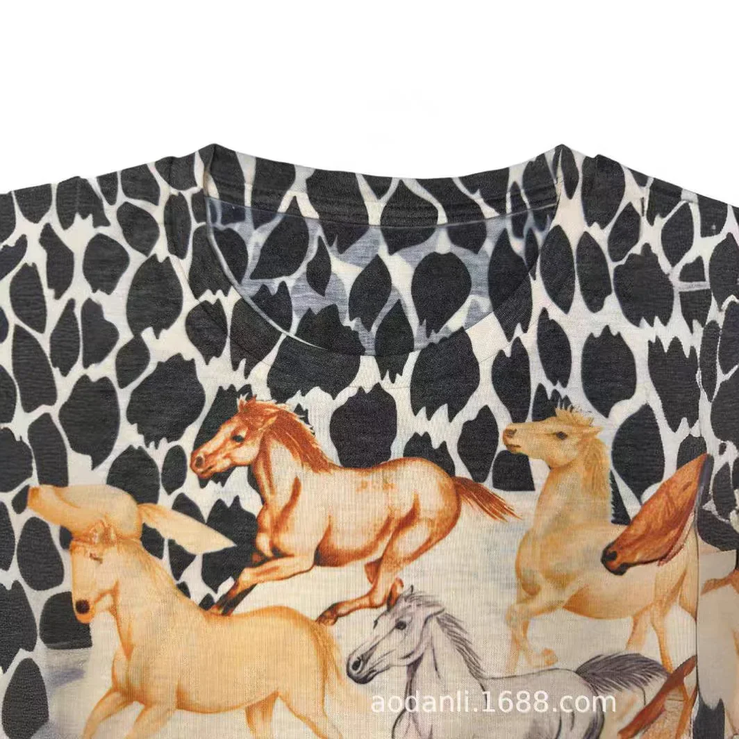2025 Horses Printed T Shirts Women Summer Clothes Casual Cartoon Pattern Female Short Sleeve O Neck Slim Fit Tops Женская Одежда