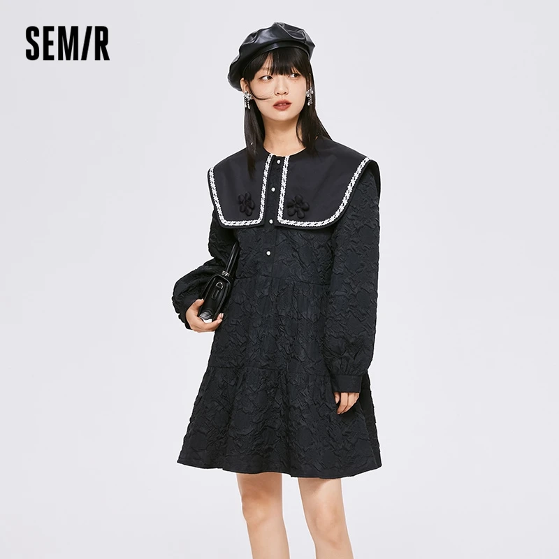 Semir Women Dress Lace Texture Black Dress College Style 2023 Autumn New Style Sweet Girls\' Dresses