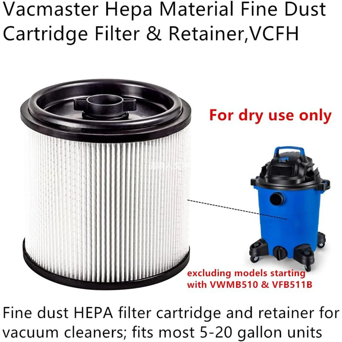 Replacement for Vacmaster Hepa Material Fine Dust Cartridge Filter & Retainer, VCFH