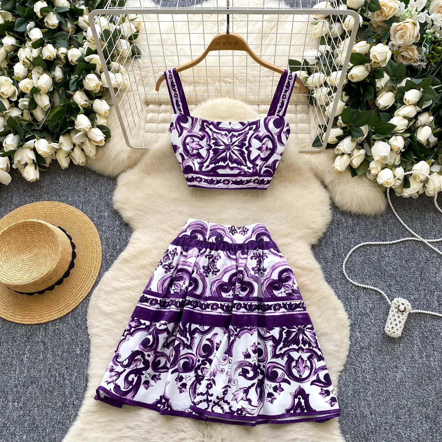 

Sexy Summer Beach 2 Piece Set Women Crop Tops Mini Skirts Suits 2pcs Outfits Hollow Out Waist Party Holiday Floral Print Dress