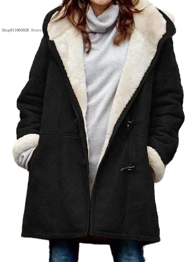 Women\'s Autumn and Winter Long-Sleeved Casual Hooded Jacket Warm Loose Fleece-Lined Fashion