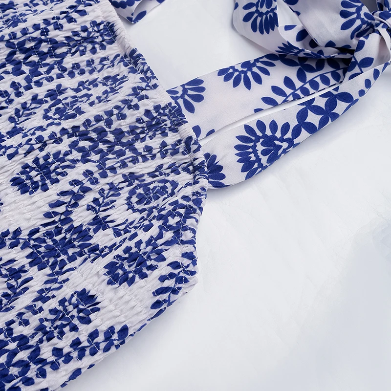 Feminino azul branco estampa geométrica gravata ombro fenda maxi vestido verão boho casual festa férias ajuste fino