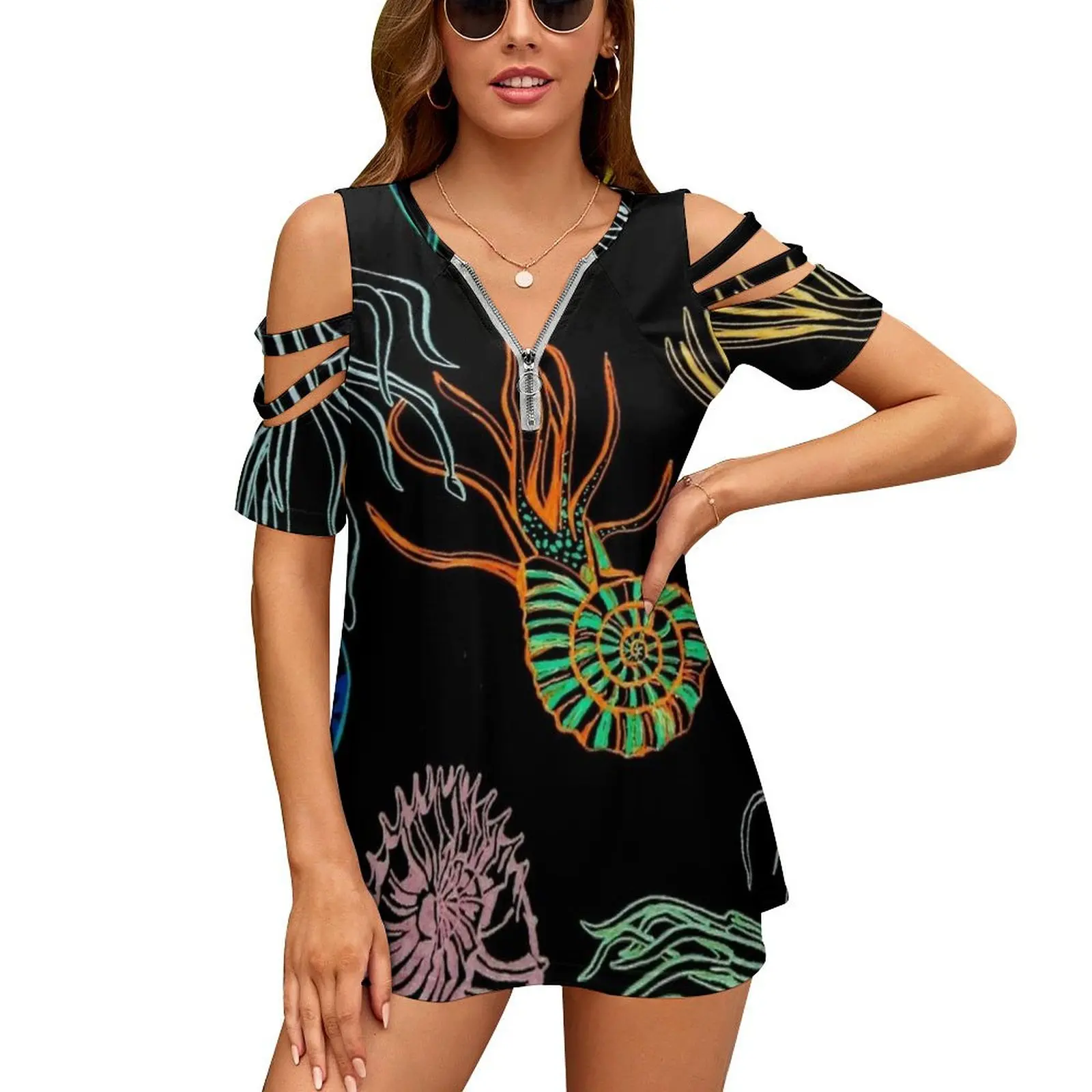 Ammonites-Black New Fashion Zip Off Shoulder Top Short-Sleeve Women Shirt Ammonites Ammonite Cephalopod Cephalopods S Ammonite