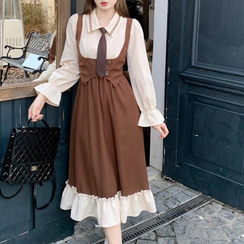 

Spring Autumn New Fashion Turn-down Collar Long Sleeve Ruffles Women's Clothing Fake Two Pieces Corset Sweet Korean Chic Dresses