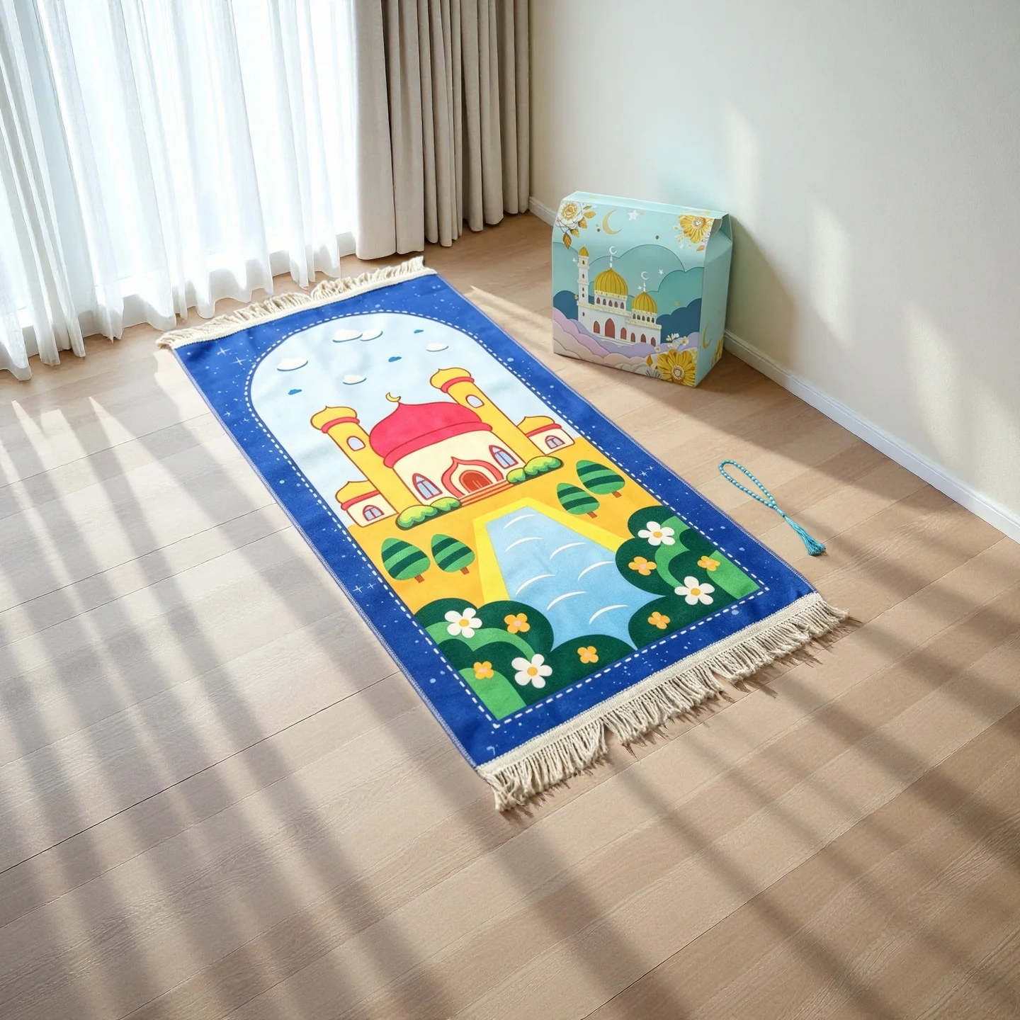 Islamic Prayers Rug Gift Box Muslim Child Prayer Rug Prayer Beads Tesbih 3 Piece Prayers Mat Set for Ramadan Eid Gifts