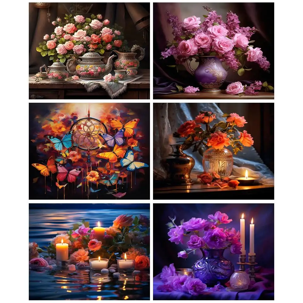 

GATYZTORY 5D DIY Diamond Painting Flower Diamond Embroidery Candle Scenery Full Round Mosaic Home Decor