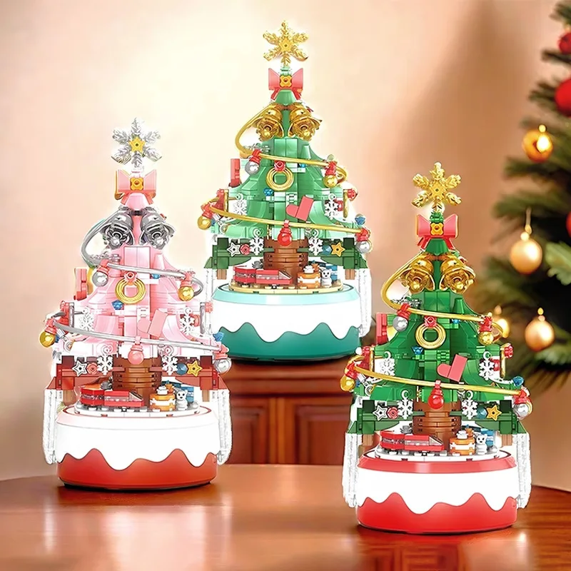 With LED light Christmas Gift Mini Music Box Children Christmas Tree Santa Claus Model Micro Bricks Building Block Bricks