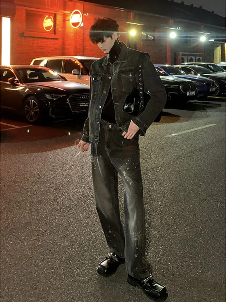 

American Sle Splatter Denim Jeans Men's Spring Autumn Cleanfit adient Straight Leg Slimming Versatile Long Pants