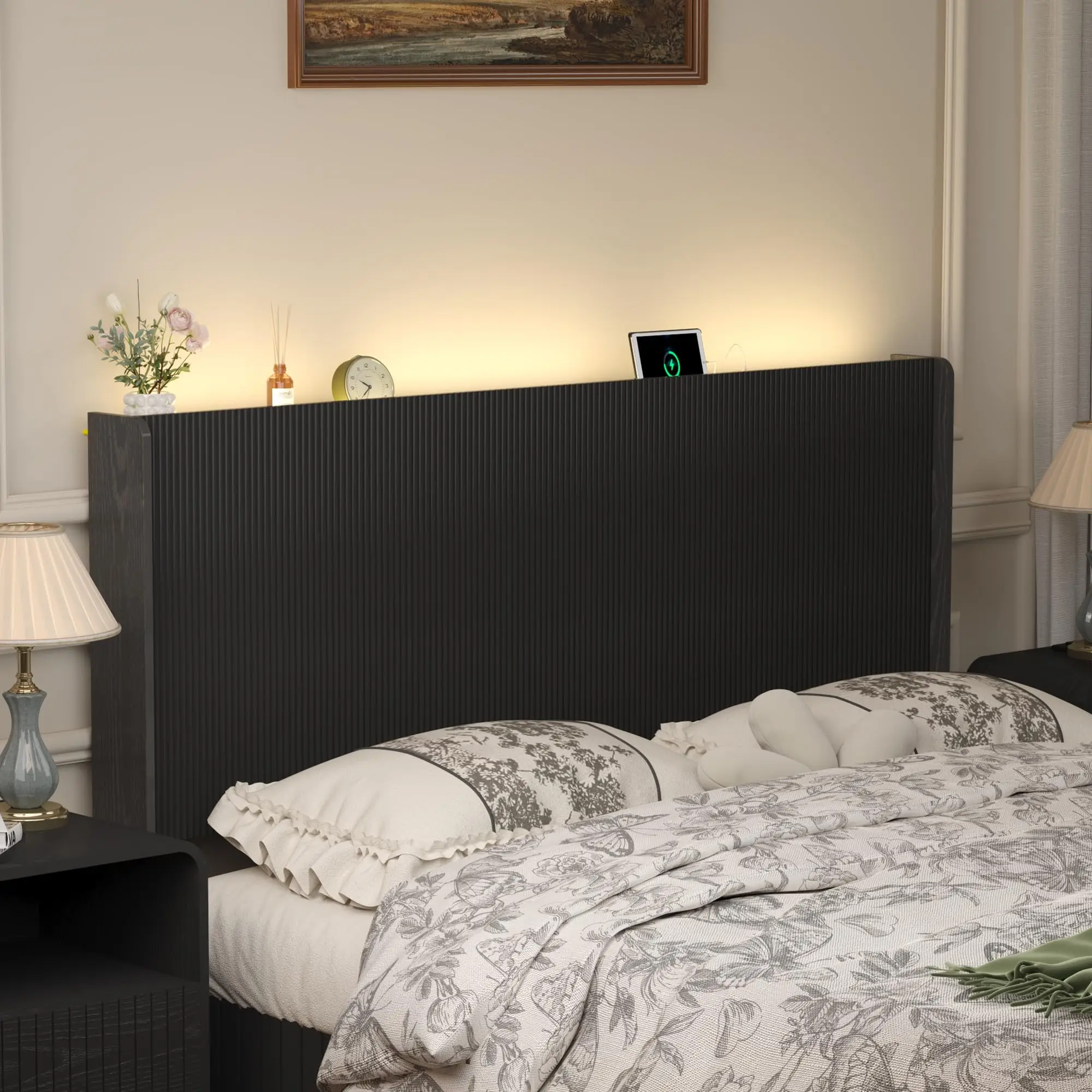 Queen Size Headboard Only, Wood Head Board with Charging Station & LED Lights, Modern Fluted Wall-Mounted Bed
