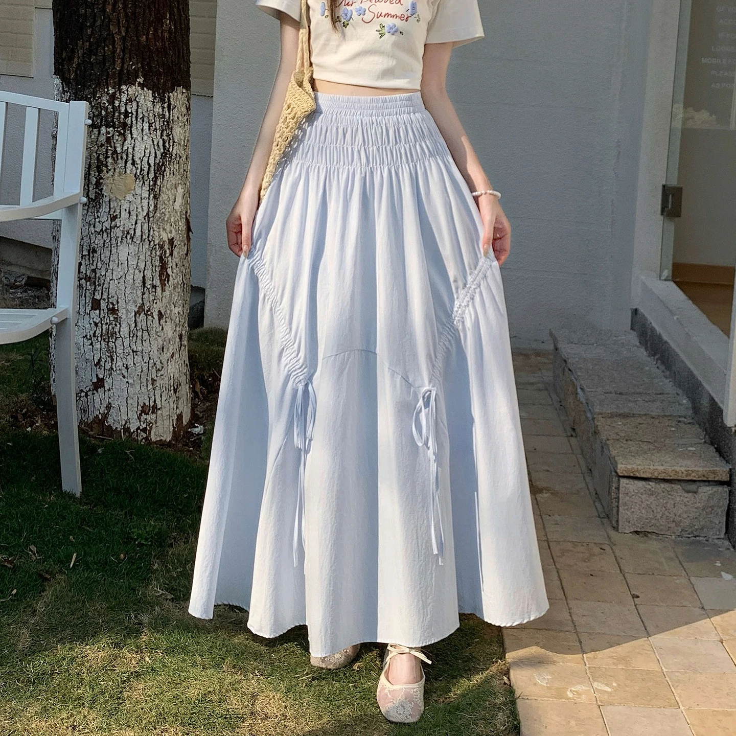 

Женская плиссированная юбка с высокой талией, на шнурке, А-силуэт, расклешенная, длинная, с широким подолом, повседневная, из полиэстера