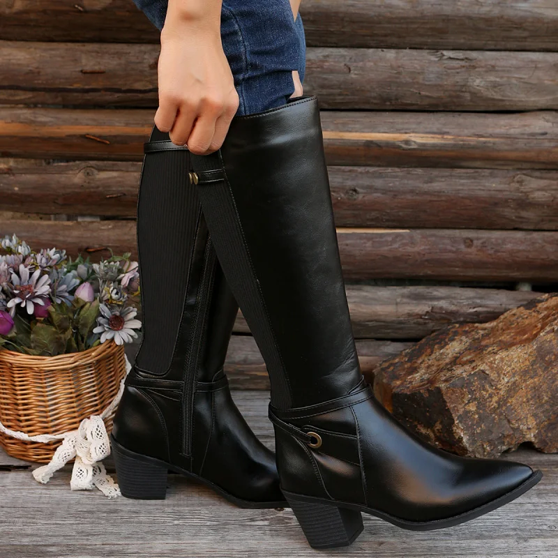 

Осень-зима 202, женские сапоги до колена, водонепроницаемые конные сапоги из синтетической кожи на высоком каблуке, большие размеры 36-43