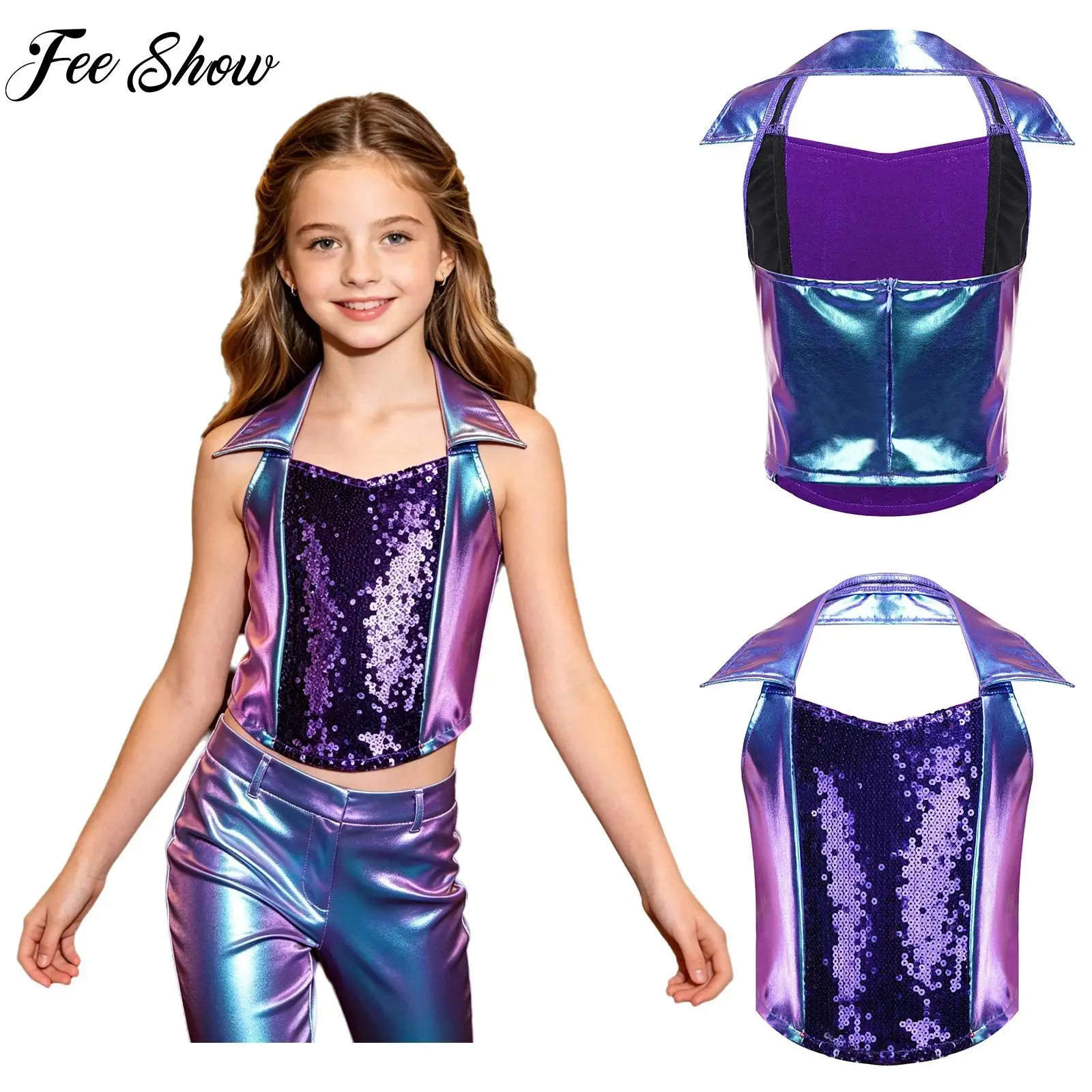 Kids Girls Metallic Jazz Disco Crop Tops Glitter Sequins Sleeveless Zip-up Halter Tank Top Vest for Dancing Performance Costume