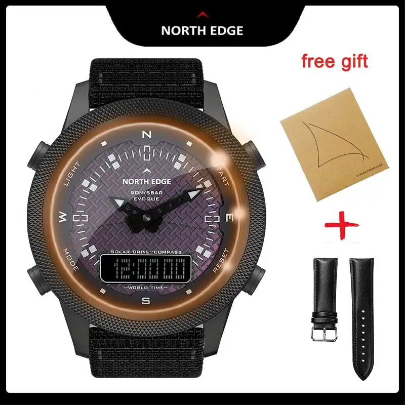 NORTH EDGE Men Digital Solar Watch Mens Outdoor Sport Watches Full Metal Waterproof 50M Compass Countdown Stopwatch Smart Watch