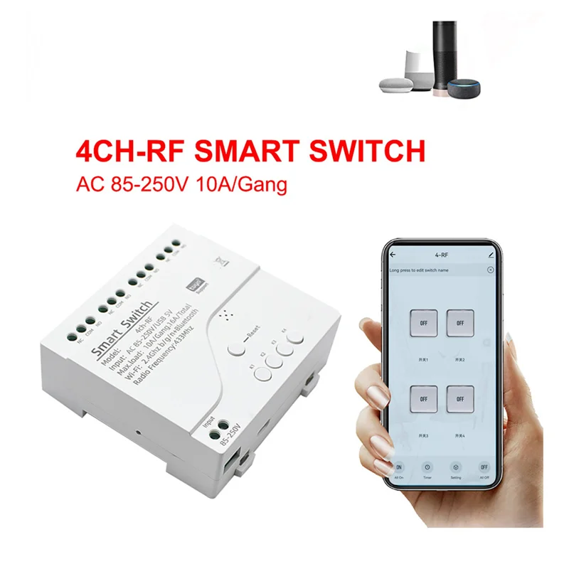 ABMF-4X Tuya Wifiモータースイッチモジュール RF 433無線リモコン 4CHインチングリレー Alexa Google Home対応、4CH AC85-250V