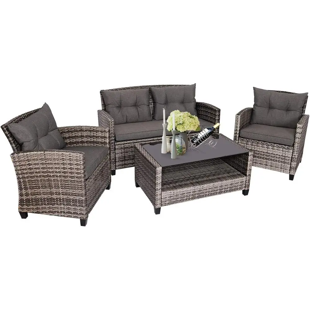 

Набор из 4 плетеных диванов для улицы с подушками и стеклянной столешницей для патио, балкона или сада (серый)