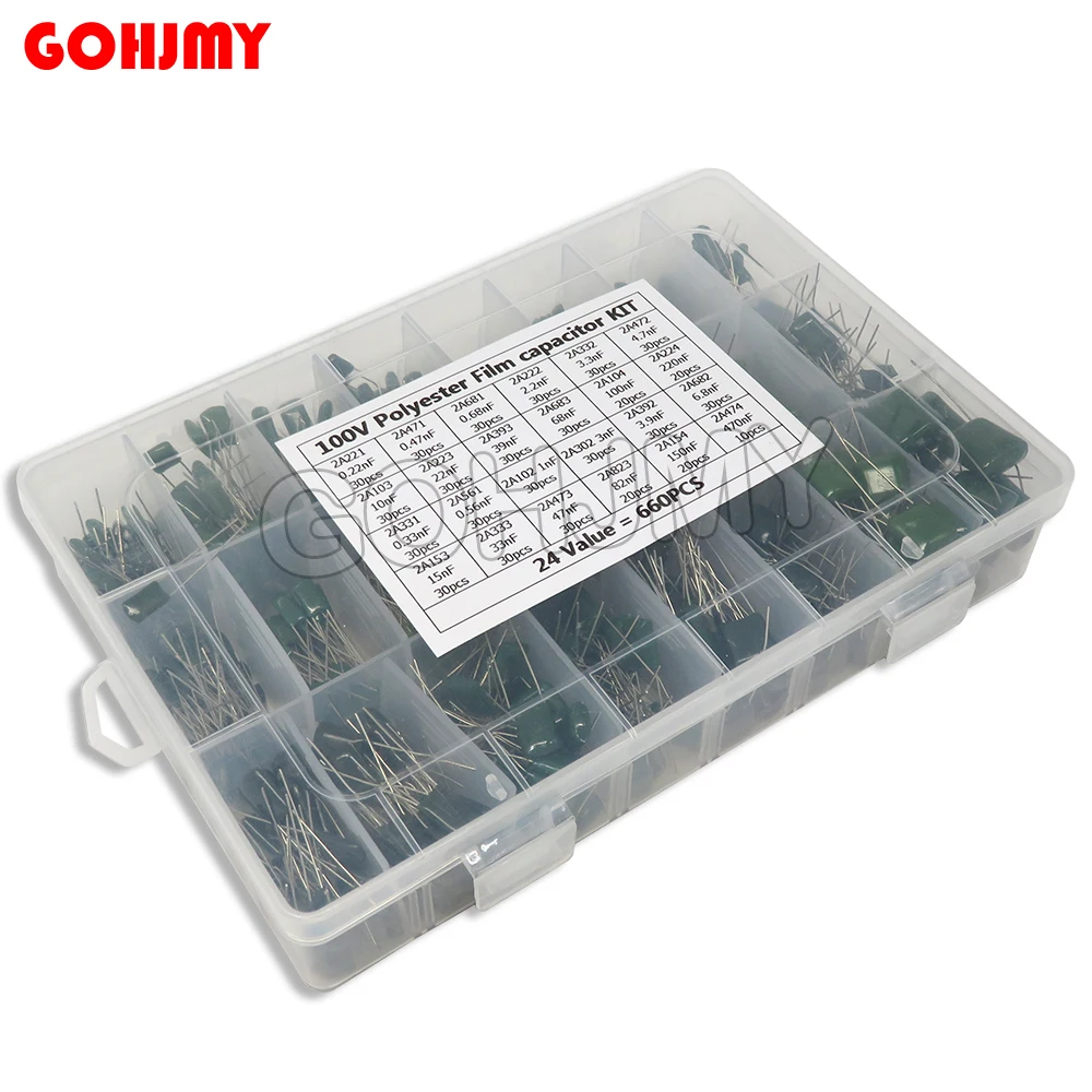 

660pcs/lot 24value capacitor kit 100v 2a221j to 2a474j polyester film capacitor assorted kit 0.47nf 0.68nf 1nf 2.2nf capacitors